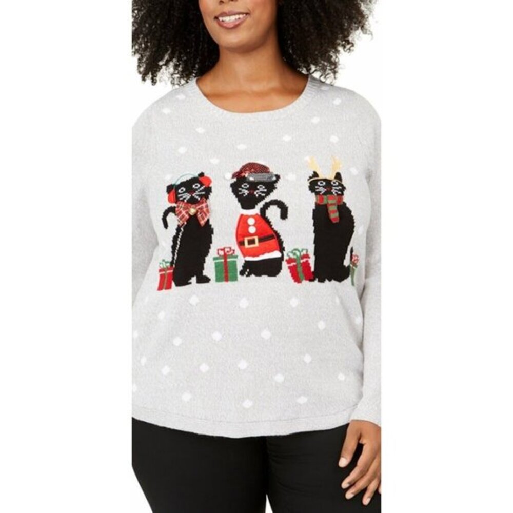 Karen Scott Sweater Top Women's 1X Gray CATS Sequins Holiday Graphic Relaxed NEW